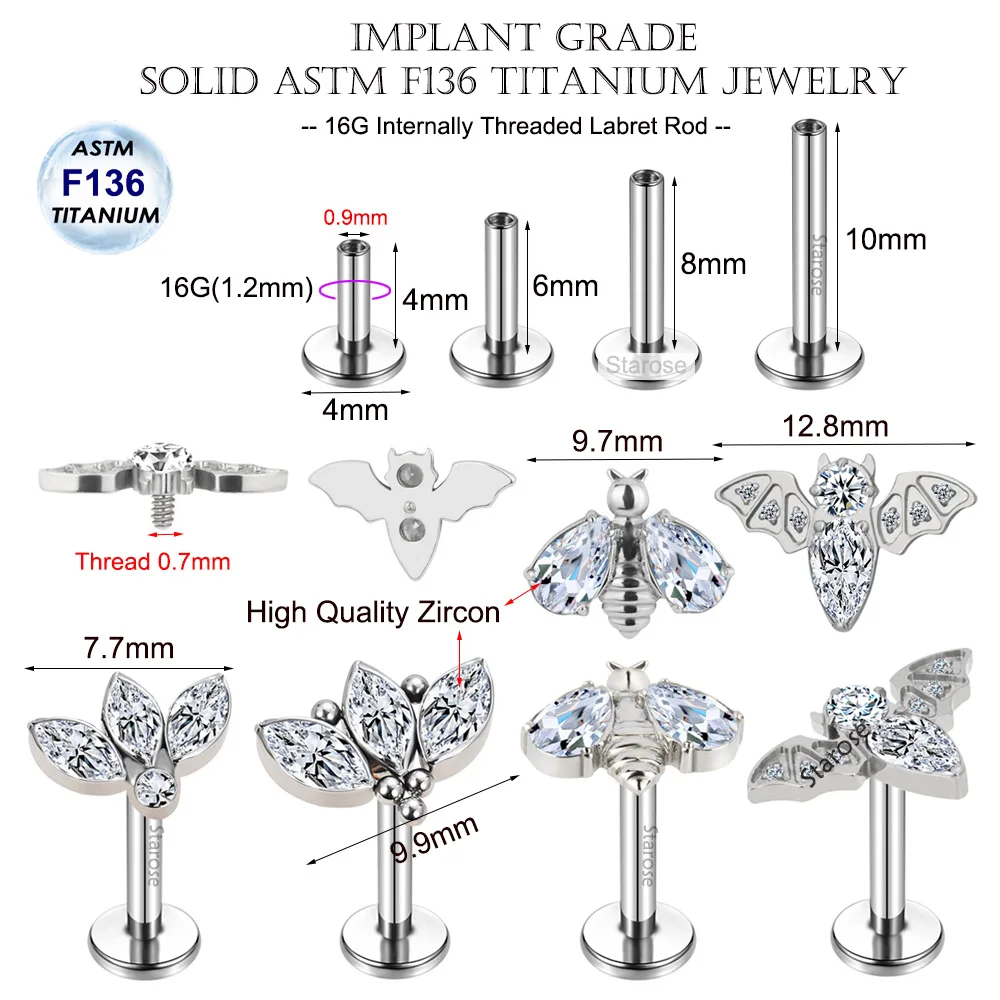 Implant Grade ASTM F-136 Titanium Cartilage Earrings Oval Crystal Bee Bat Tragus Helix Studs 16G Labret Bar Ear Piercing Jewelry