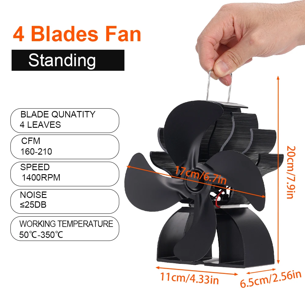 4Blades Black New Fireplace Fan Wavy style Heat Powered Stove Fan heat shield Log Wood Burner Ecofan Efficient Heat Distribution