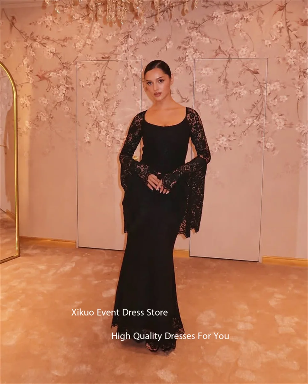 Xikuo فساتين سهرة على شكل جرس دانتيل 2025 فساتين حفلات دانتيل أسود مزينة بحورية البحر الوهم رداء De Soirée مخصص
