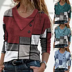 Fashion Geometry Print T-Shirt Women Casual Autumn Button Long Sleeve Tops Chic Circle Decoration Female Tees 3XL