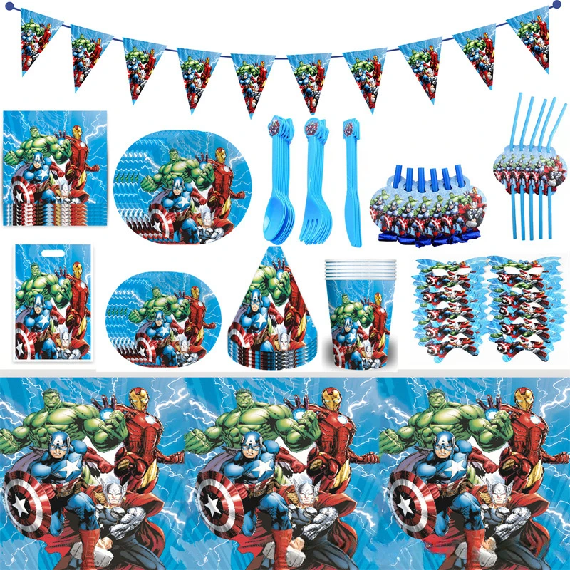 

Avengers themed birthday party decorations Boys like Superman decorated tablecloths Paper cups plates cutlery League of Legends