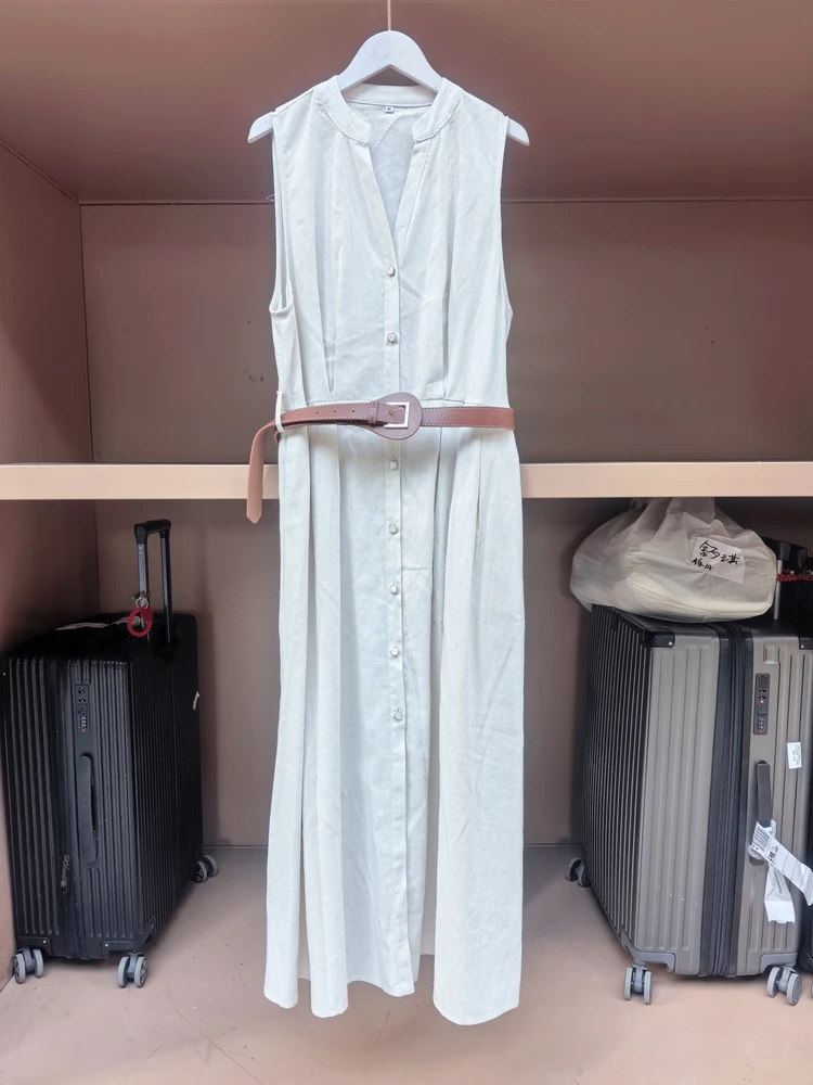 

Модное женское платье миди на одной пуговице с поясом из льна, длинное, в корейском стиле, на молнии, с эффектом высококачественного исполнения