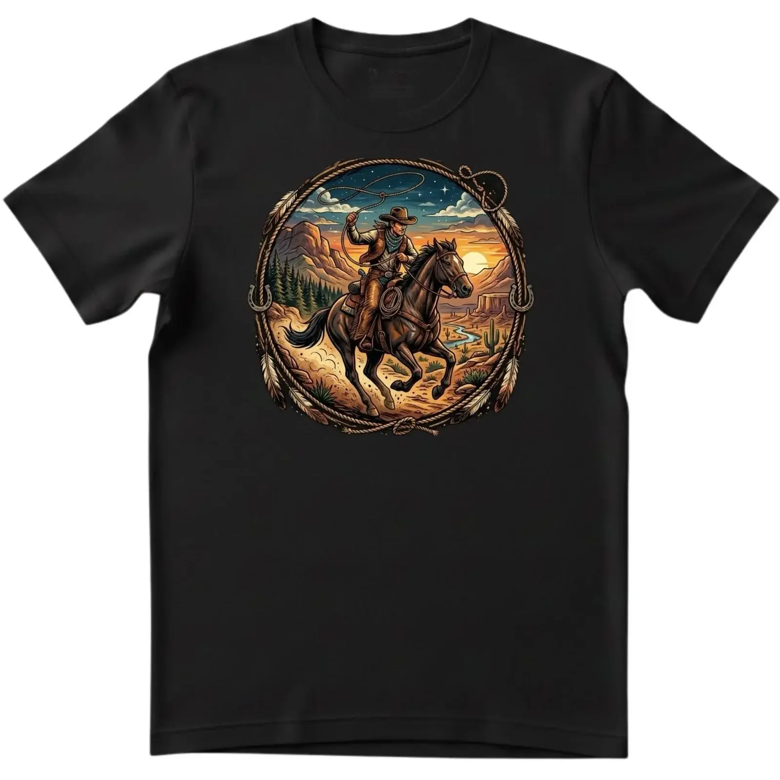 Men's T Shirt Cowboy Horse Western Wild West Riding Lasso Retro Art  vintage Washed Slightly Comfortable homme graphic