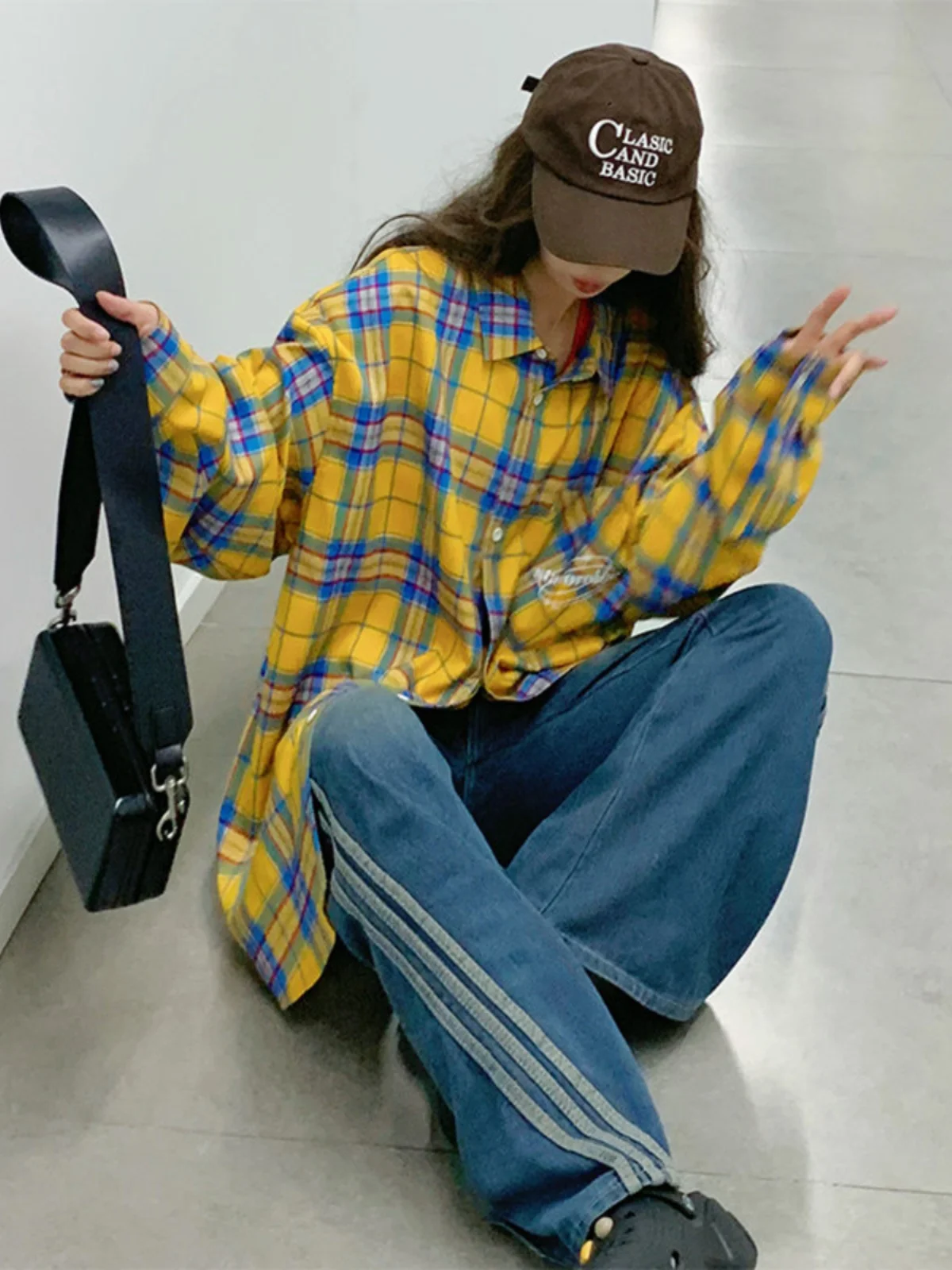 

Желтый клетчатый винтажный женский летний вариант для маленького узора Street Sle High Street irt Casual Sle Long Sve