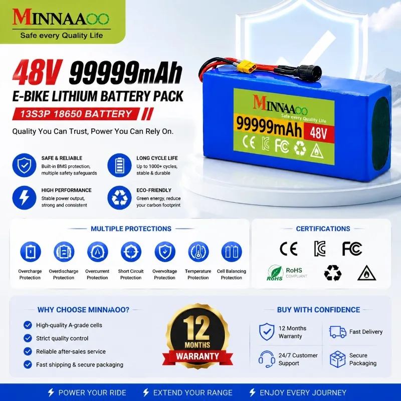 MINNAAOO 48V 100Ah Lithium Battery Pack 13S3P 18650 Li-ion Battery with BMS for E-bike Electric Scooter Motor Conversion Kit