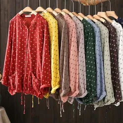 Large size blouses for women autumn spring cotton yarn long sleeve single-breasted polka dots shirts and blouses casual outwear