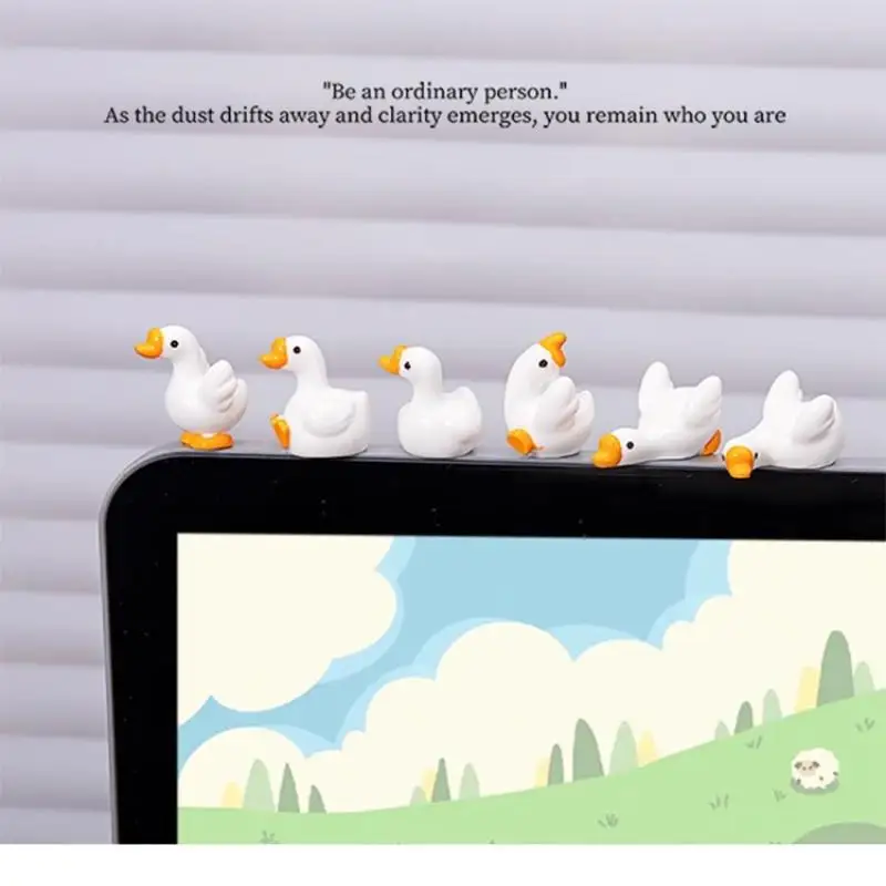 Six-Piece Cute White Goose Statues for Car Interior; Resin Cartoony Figures Ideal for Dashboards or Consoles