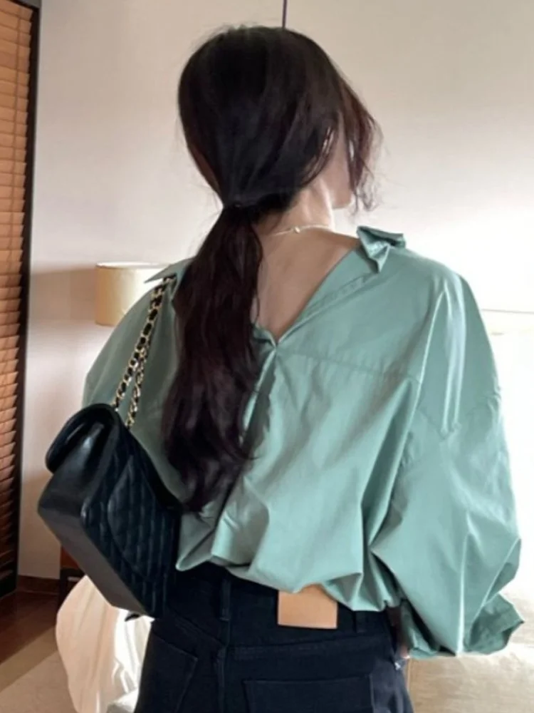 เสื้อแขนยาวทรงหลวมผู้หญิงคอวินเทจ Ba V-ne Design Spring Faion Top Korean Sle เสื้อผ้าทำงานที่สะดวกสบาย