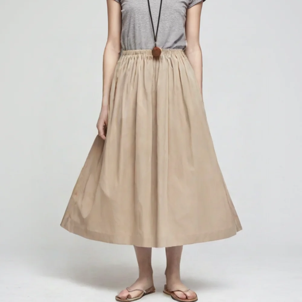 

Taop&Za Women's Comfort Beige Pleated Slit Maxi Skirt Elastic Waistband Design Easy to Wear Flowing Look