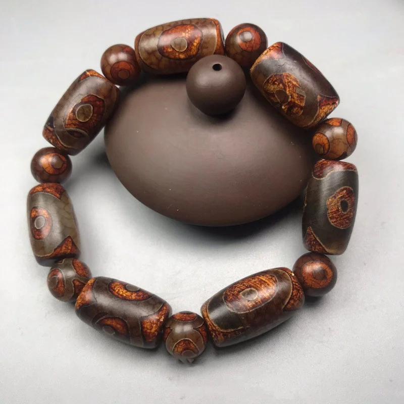 Natural Tibetan Agate Three Eye Bucket Bead Original Stone Bracelet, Men's and Women's Ethnic Style Versatile Bracelet