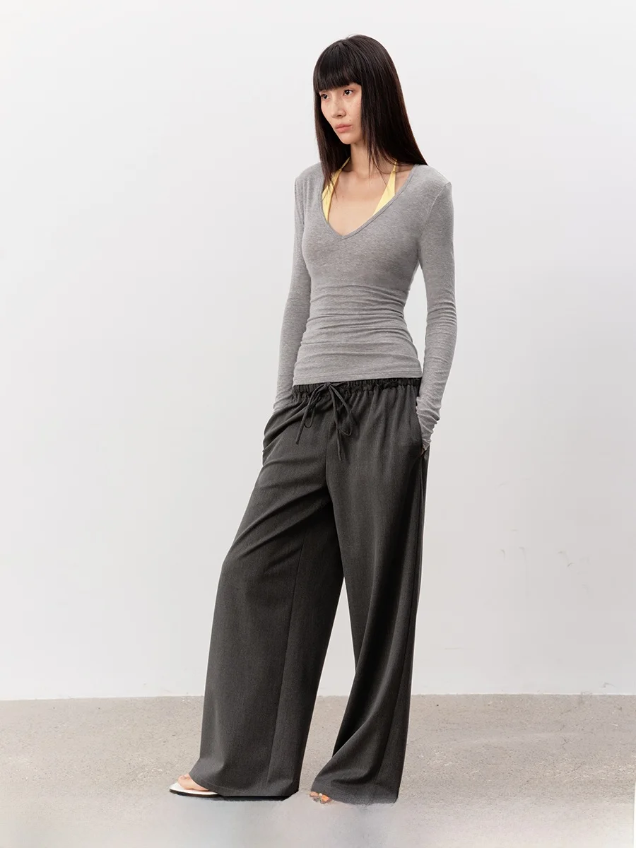 

JCAESAR Women's Long Sve Knitted Top V-Ne Comfortable Thin Transparent Mixed Wool Lyocell Fiber Moisture ng Pure Color