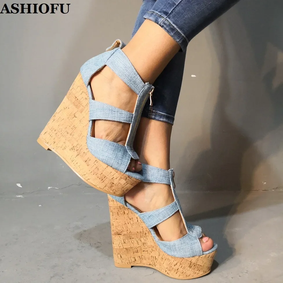 ASHIOFU 2025 Hot Sale New Designed Ladies Wadges Heels Sandals Denim Leather Sexy Party Prom Shoes Evening Fashion Sandals Shoes