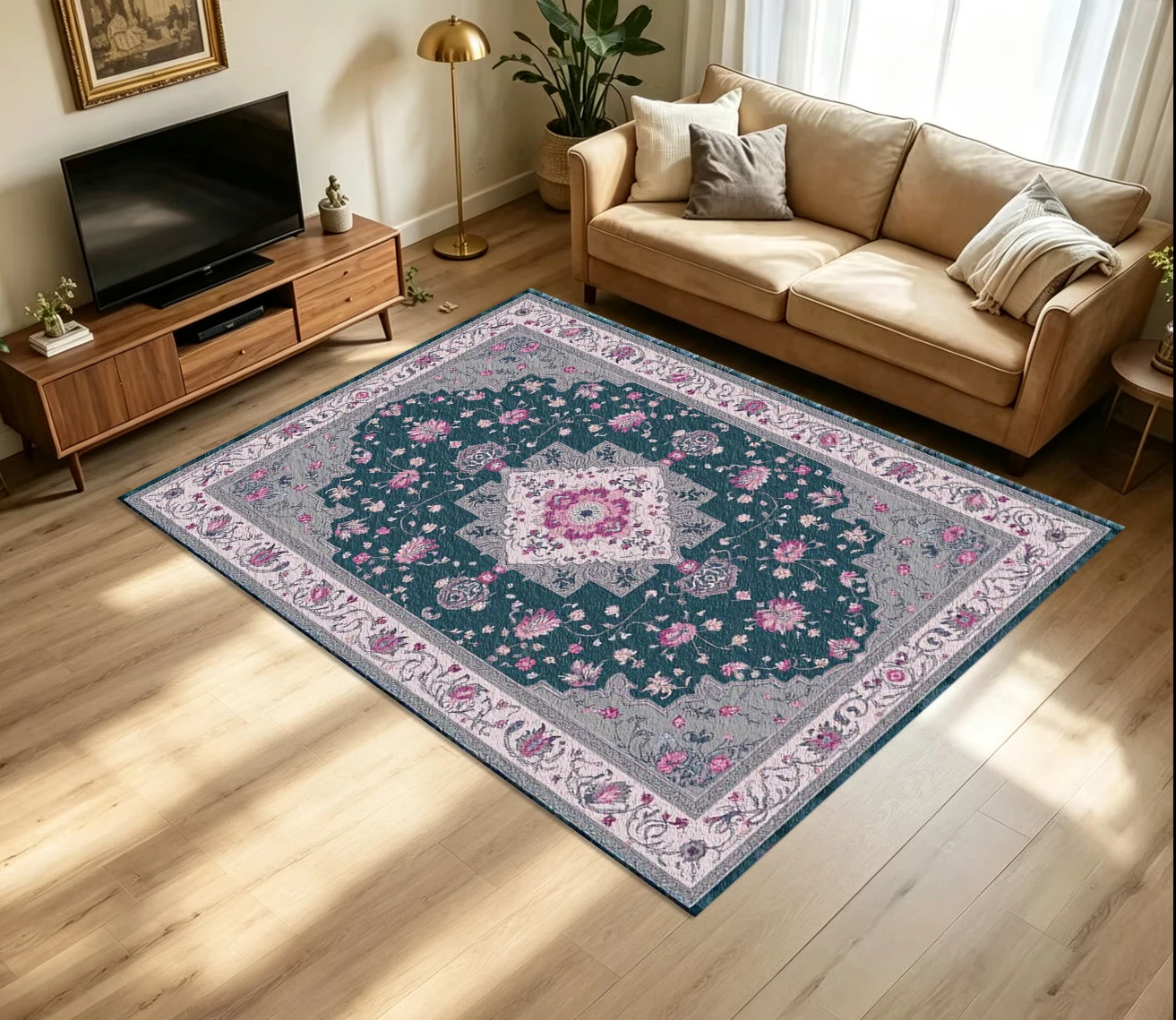 Vintage Oriental Medallion Floral Carpet Flooring Dark Green Base Pink Bloom Flower Ornate Border Art Pattern Printed Floor Rug for Household Indoor Traditional Home Interior Decor
