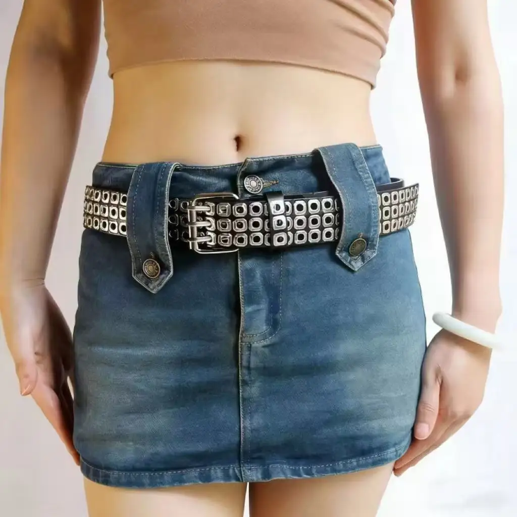 Unisex Square Bead Rivet Three-Row Eyelet Punk Style Pu Belt Y2K Millennial Hip-Hop Style Belt