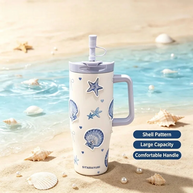 SITARAYURI Pearl Decoration Thermos Cup Stainless Steel Insulated Cup with Straw＆Handle Summer Ice Bucket Cups Portable Car Cup