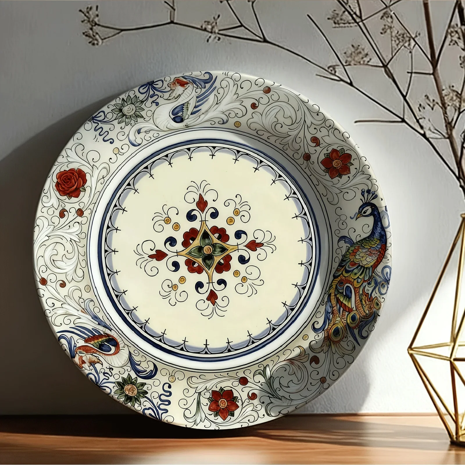 1pc Elegant Blue & White Peacock Floral Ceramic Wall Art Decor Plate - Non-Food Contact Italian-Inspired Round Tabletop or Wall