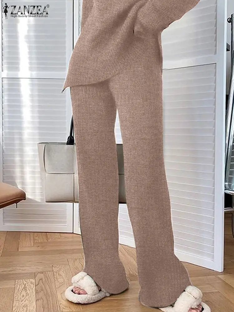 ZANZEA Fashion Tracksuit 2PCS Autumn Women Casual Knitted Suits Long Sleeve Blouse Wide Leg Pants Sets Solid Loose Matching Sets