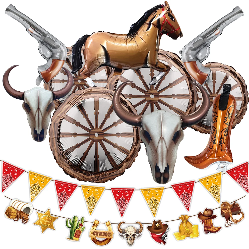 Western Cowboy Birthday Horse Bull Heads Wheel Gun Foil Balloon Cowboy Boys Birthday Party Decoration Supplies Baby Shower