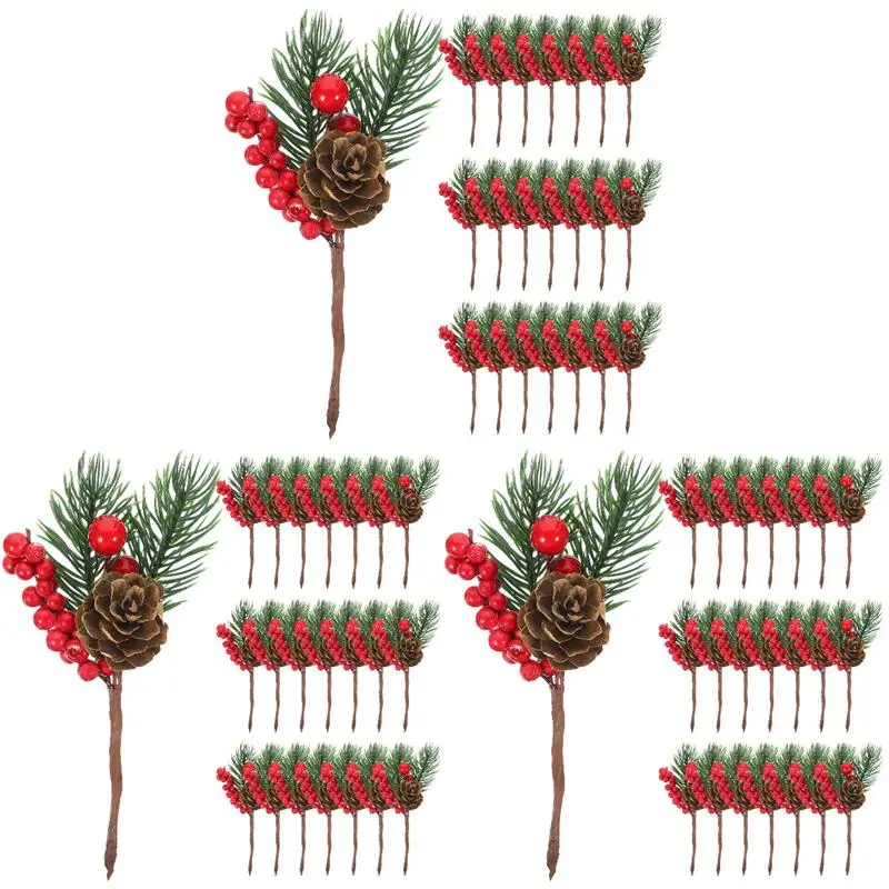 10/20/30pcs Simulation Berry Christmas Berry Tree Pine Branches Xmas Fake Branches Picks Christmas Pine New Year's Twigs For