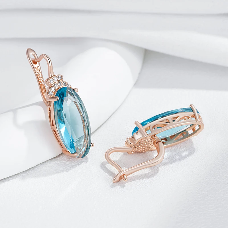 Wbmqda Transparent Oval Blue Stone Drop Earrings For Women 585 Rose Gold Color Special Wedding Jewelry Accessories