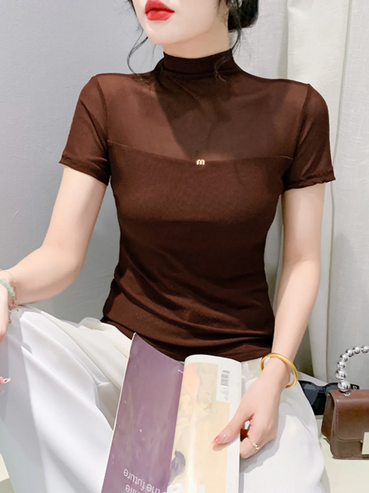 レーストリムまたはスリーブハイカラー女性用Tシャツ薄手ベースシャツスリムフィット夏ヨーロッパ風インナーウェアトップ