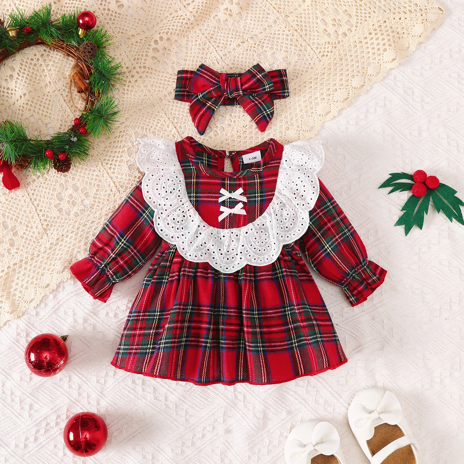 0-18 Months Baby Girl Christmas 2Pcs Red Plaid Long Sleeve Dress Set Lace Ruffle Headband Autumn Infant Princess Dress  Outfit