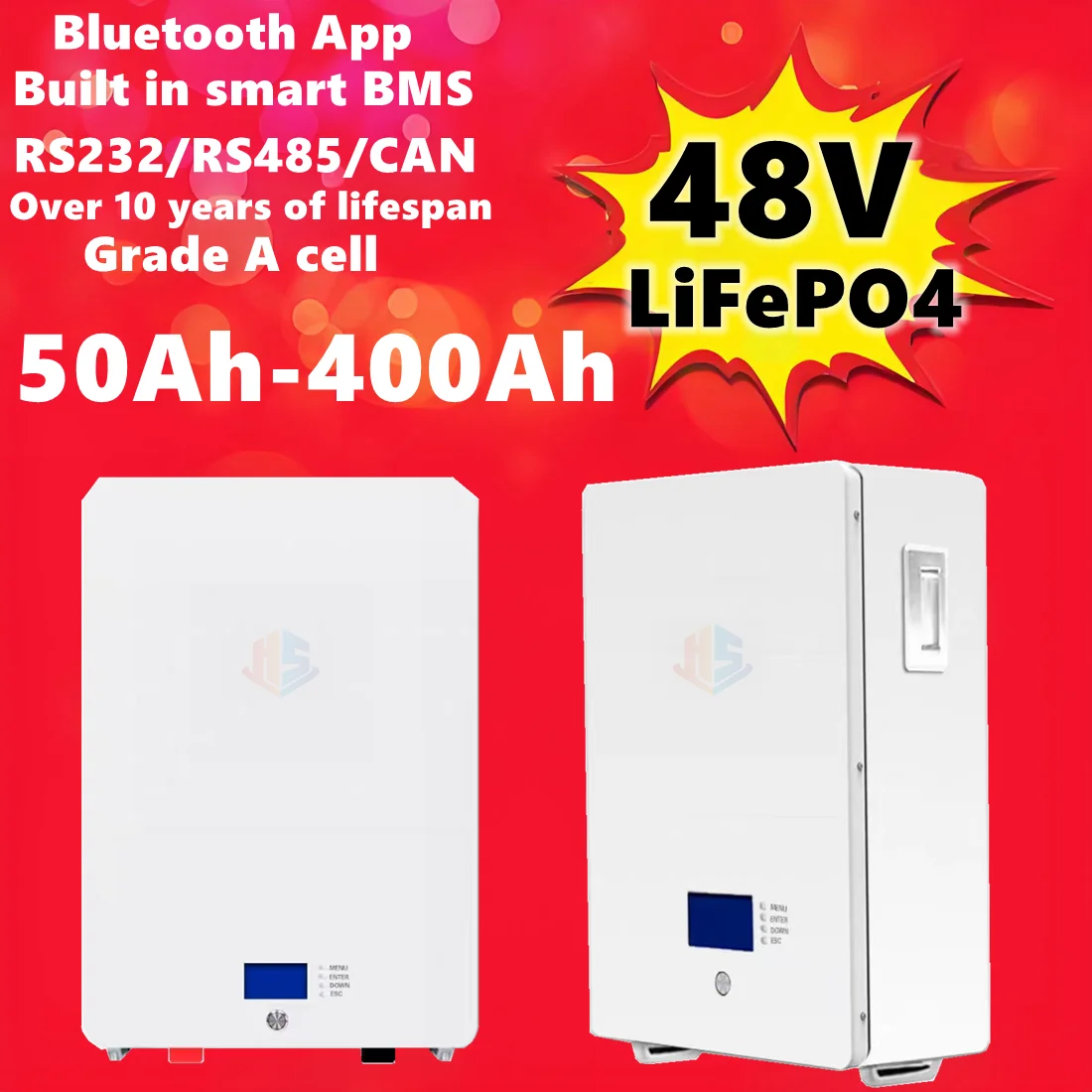LiFePO4 Battery 48V 51.2V 100Ah-400Ah 5KW 10KW Grade A Cell RS485 CAN RS232 for Inverter Home Power Solar Energy Storage Base