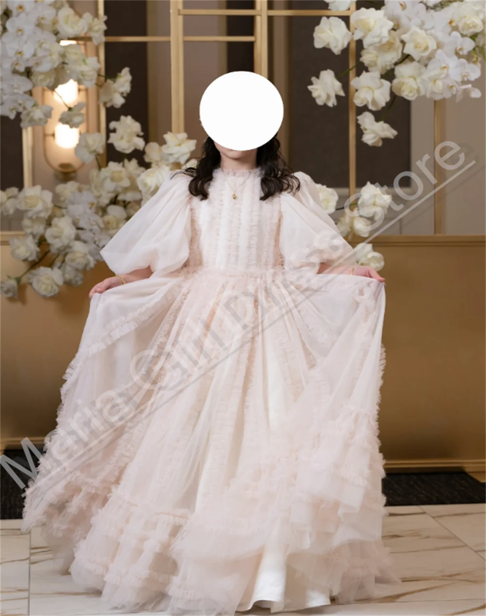 فساتين المناولة الأولى بأكمام قصيرة ورقبة عالية شبكية منفوشة أنيقة لفتاة الزهور مناسبة لحفلات الزفاف #4