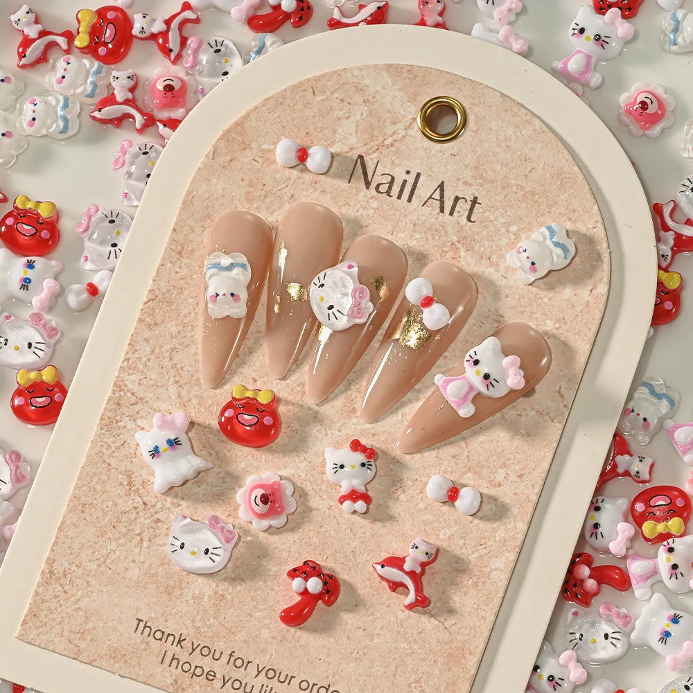 50g(120-150Pcs)3D Red/White Cartoon Kittty Cat Nail Charms With Dolphin/Coconut Tree Red Kitty Cat Nail Art For Kawaii Girl Nail