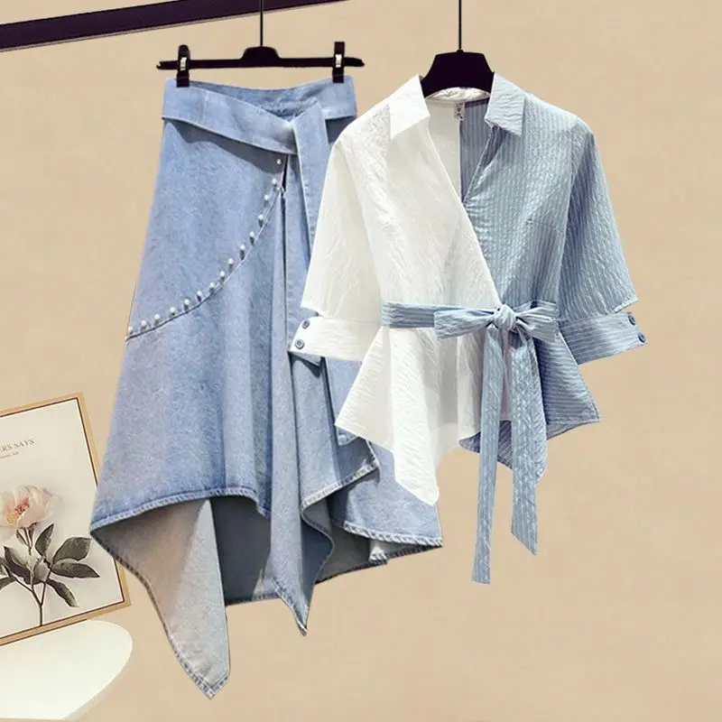 Summer Blue Patchwork Chiffon Shirt Tops Irregular Lace Up Denim Short Skirt Two-piece Elegant Women\'s Skirt Set Casual Outfits