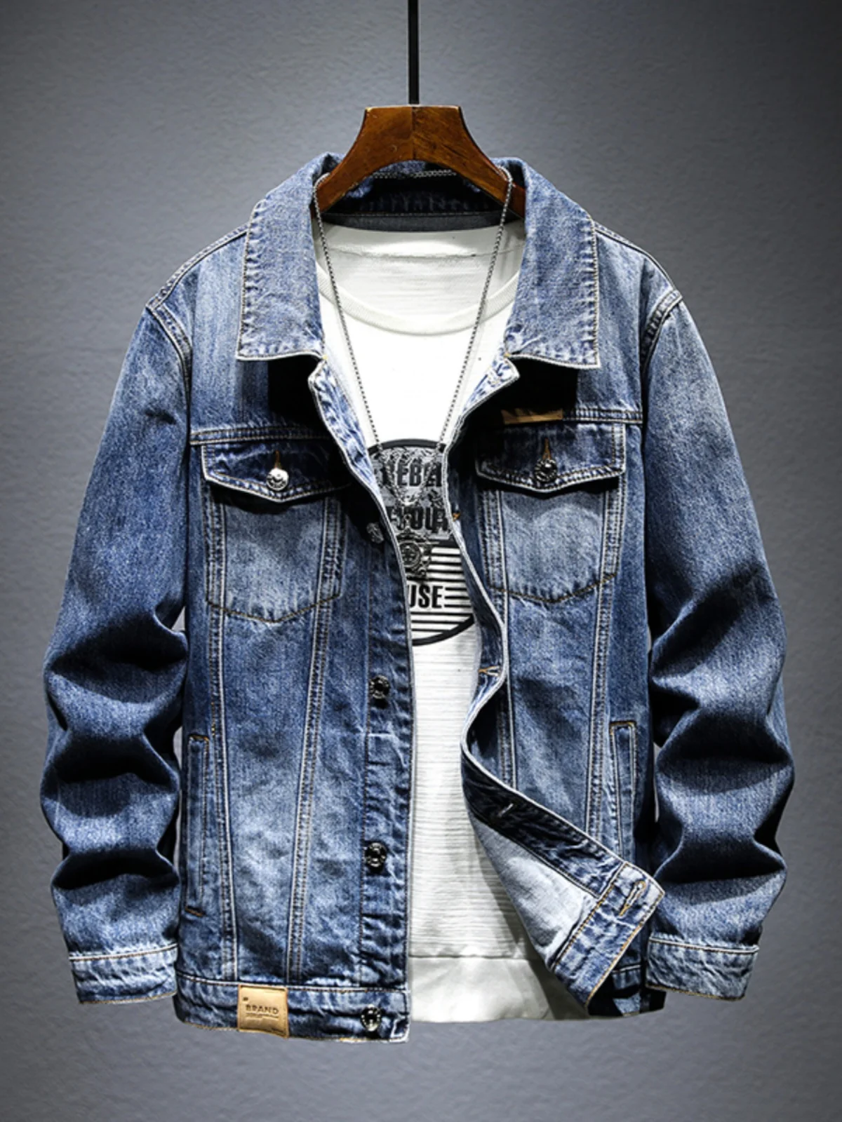 

Американская высококачественная мужская джинсовая куртка с воротником, большого размера, в стиле рабочей одежды, простая, универсальная, в стиле ретро, для отдыха