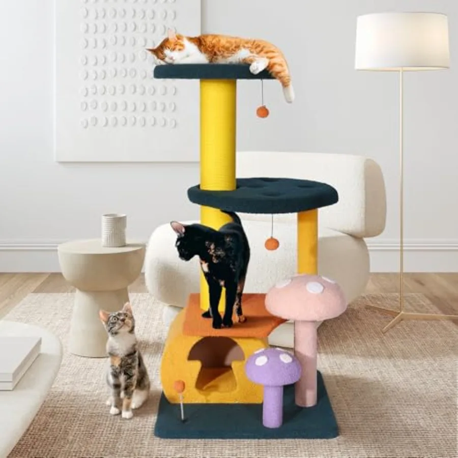 

Многоуровневая деревянная когтеточка-домик для кошек Mushroom Cat Tree (26.8 x 22.8 x 53.4 дюйма) с лежанкой и интерактивным мячиком