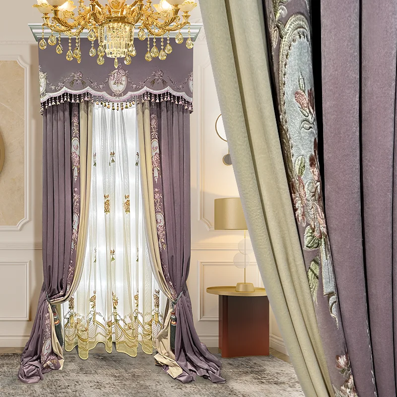 

Custom curtain high-grade luxury European flannel embroidered purple velvet cloth blackout curtain tulle valance drape M1502