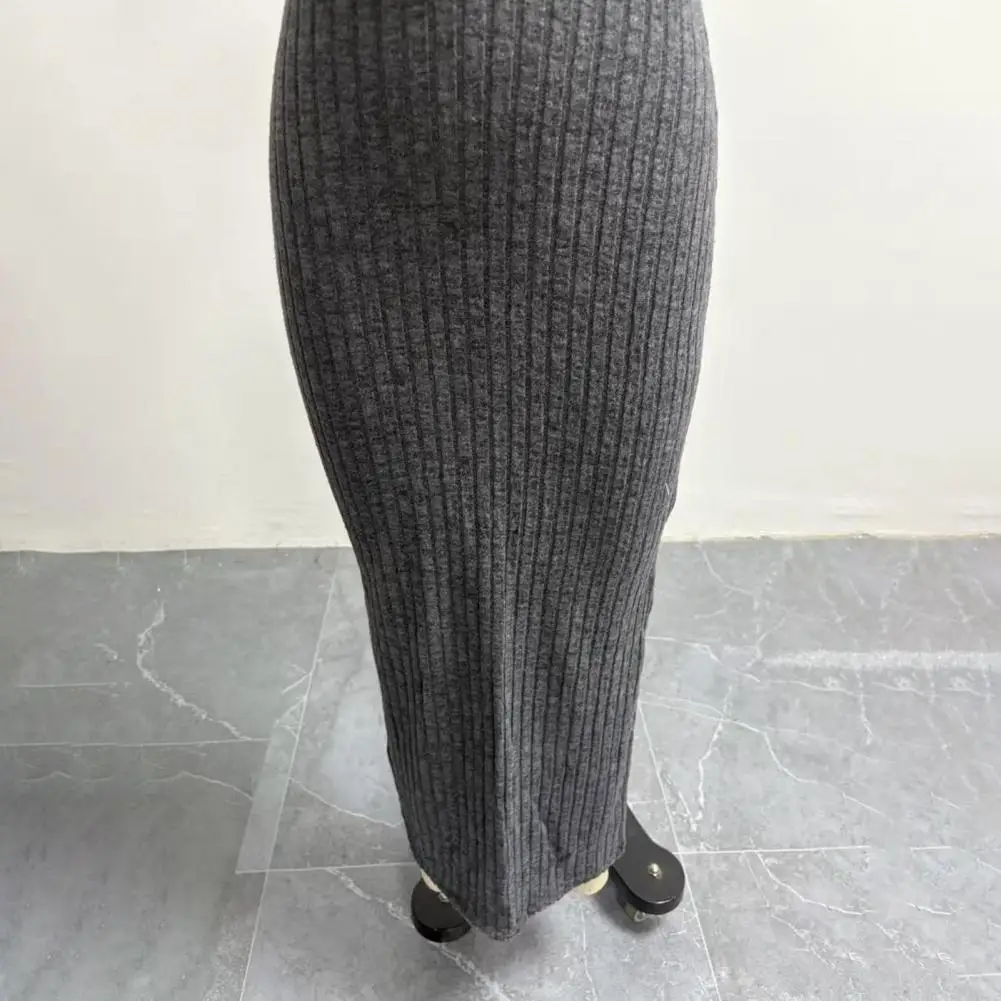 

Fall Winter Skirt Knitted High Waist Thick Elastic Ankle Length Striped Slim Split Hem Sheath Women Maxi Skirt Hip Wrapped