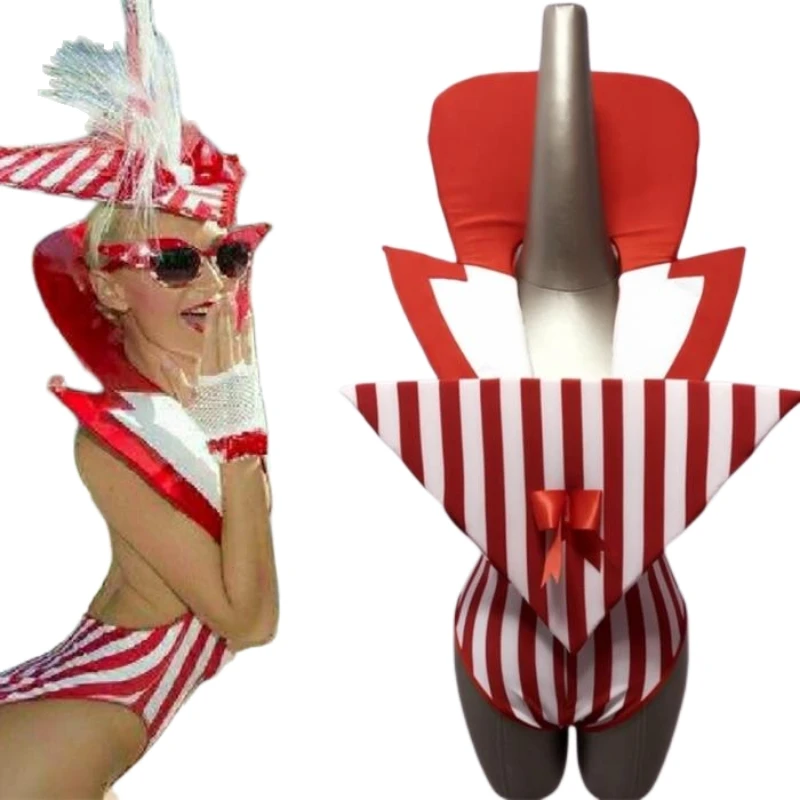 sexy New nightclub bar gogo team hyperbole striped stand-collar stage costume Red and white striped low-cut open back Bodysuit