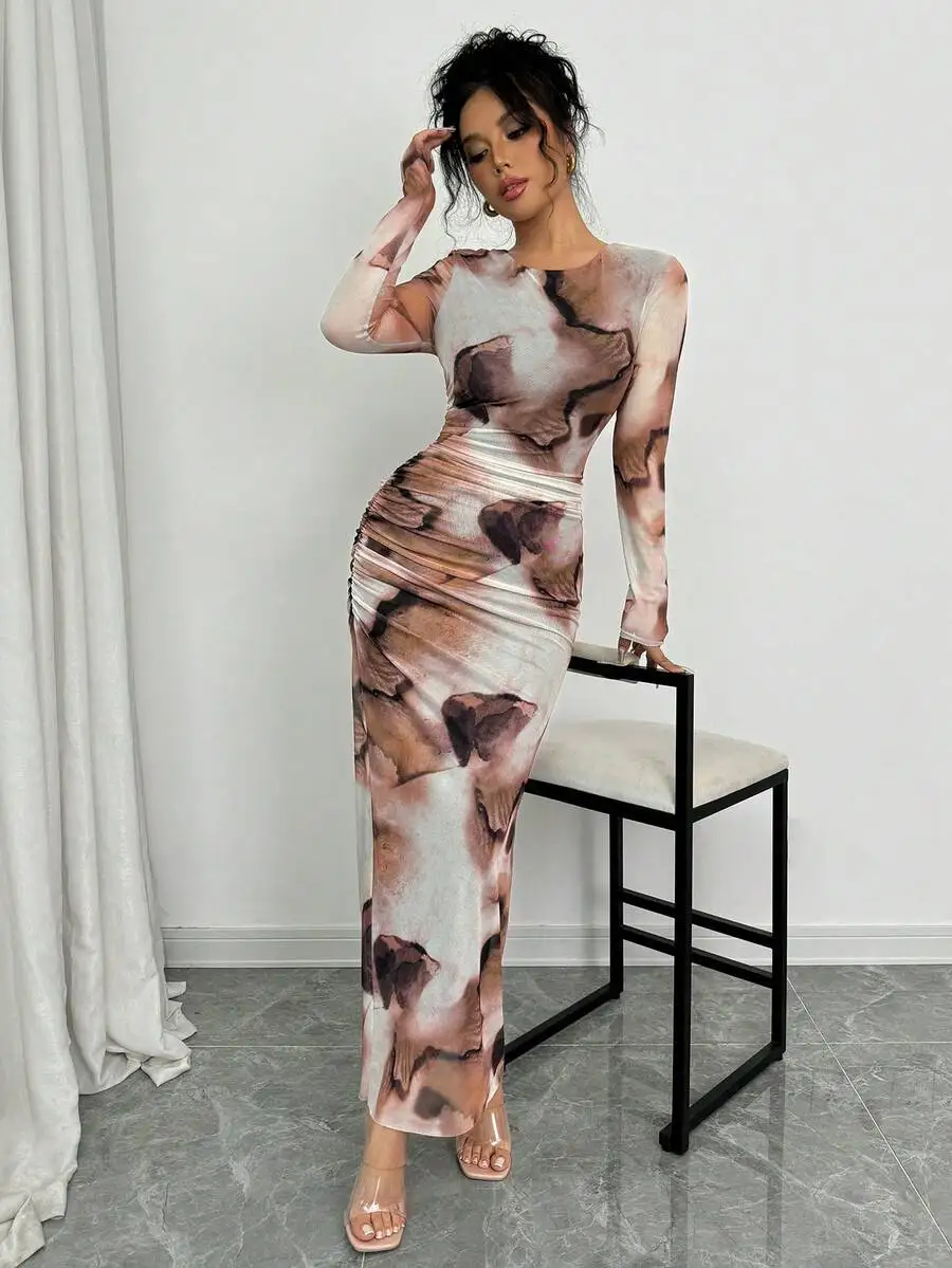 เอเลนซ์ก้า เอเลแกนท์ เกรเดียนท์ชุดเดรสแขนยาวทรงสลิมฟิตสำหรับผู้หญิง ผ้าสำหรับฤดูใบไม้ร่วงสำหรับผู้หญิง