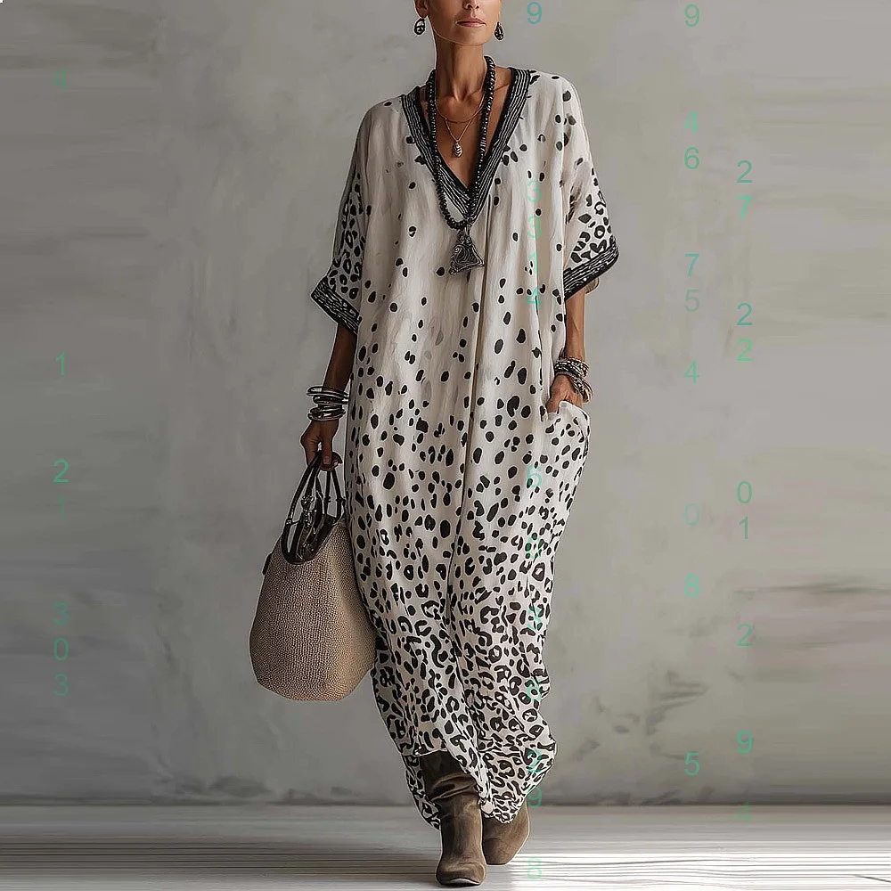

2026 Spring Summer Digital Print V Neck 3/4 Sleeve Caftan Maxi Dress Kaftan Long Dress with Pockets