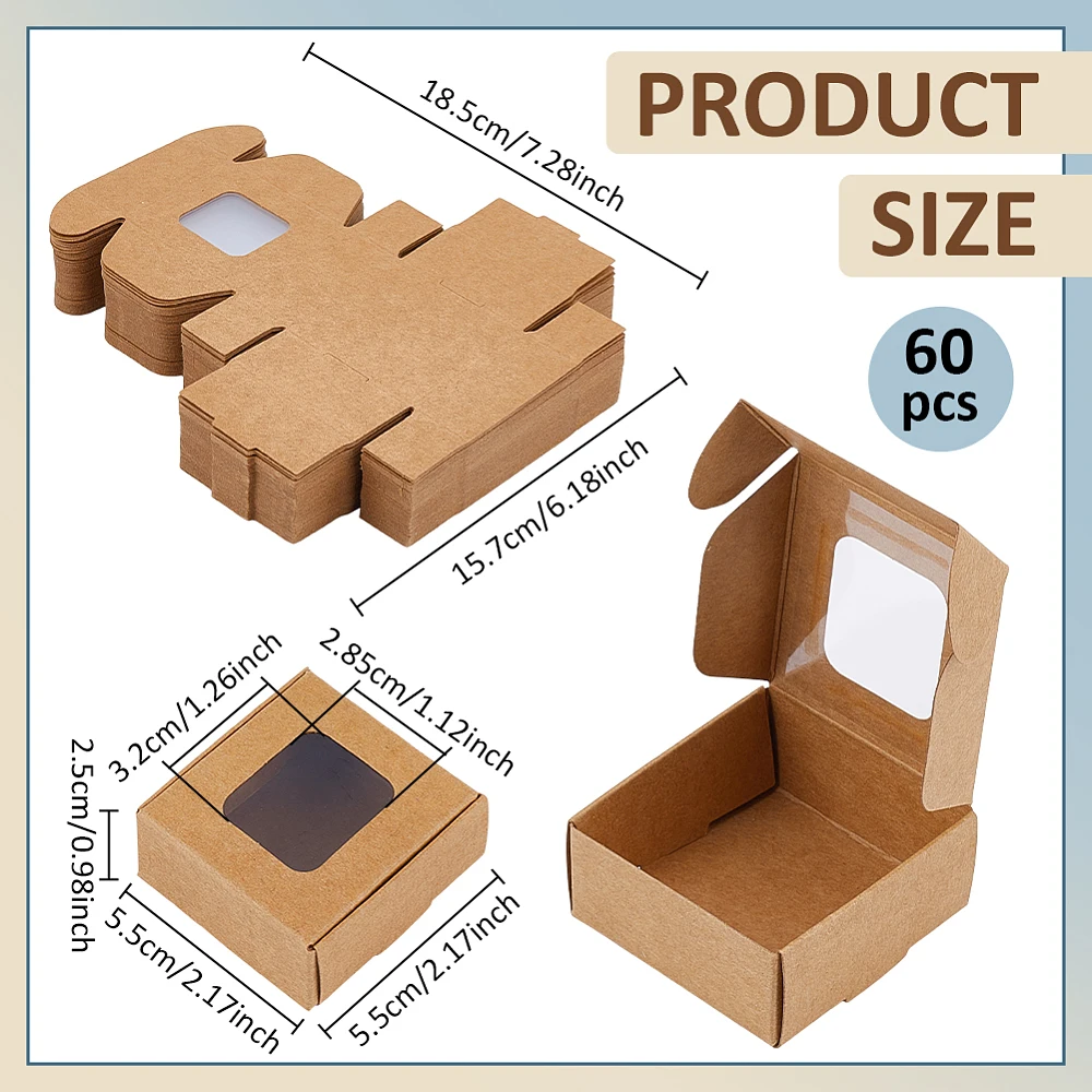 60 Pack Square Clear Window Box Brown Kraft Paper Container Party Favor Packaging Boxes 2x2x1inch Foldable Design with Visible