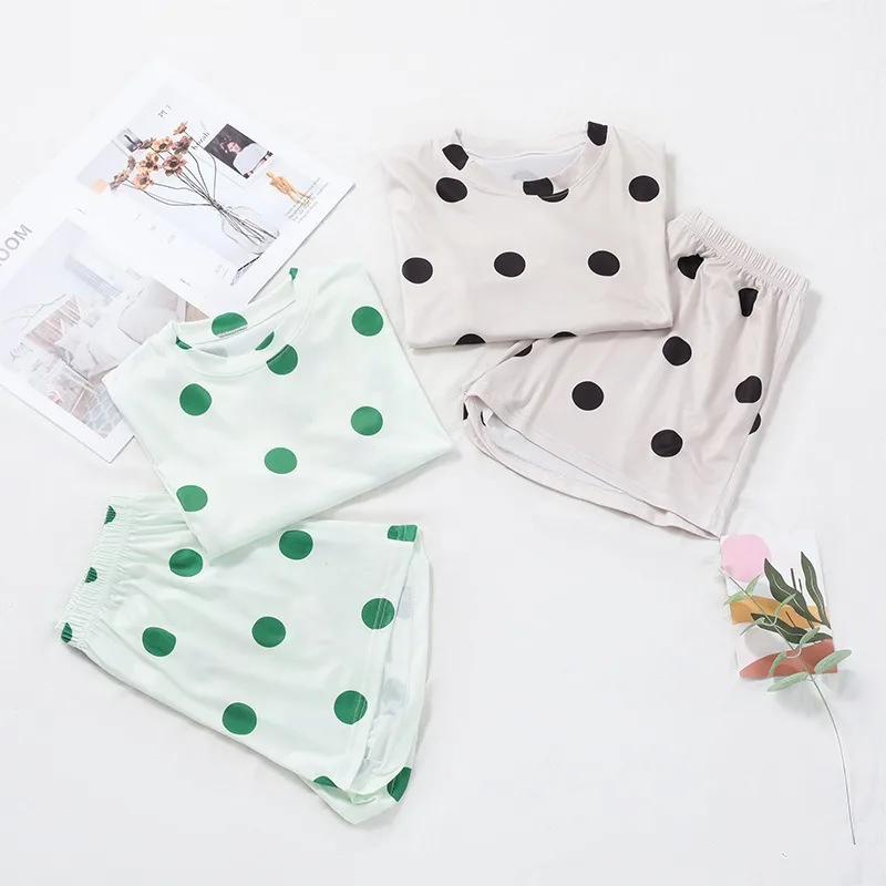 Home wear set - short-sleeved T-shirt with polka dot print - European-style pajamas with round neck - two-piece set