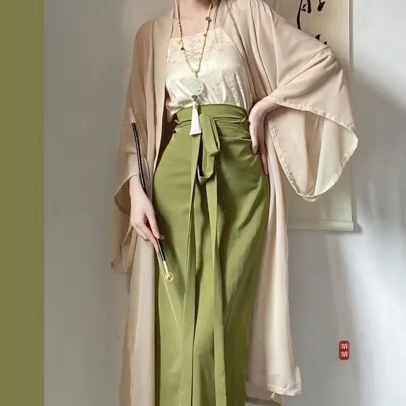 Vintage 3Pcs Hanfu Brown Chinese Style Clothes Kimono & Cami & Skirt Suit Sexy Off Shoulder Cheongsams Women Print Dress Set