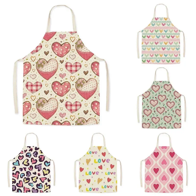 Cartoon love work love printed flax apron, adult parent life -saving sleeveless kitchen sleeveless apron house cleaning tool