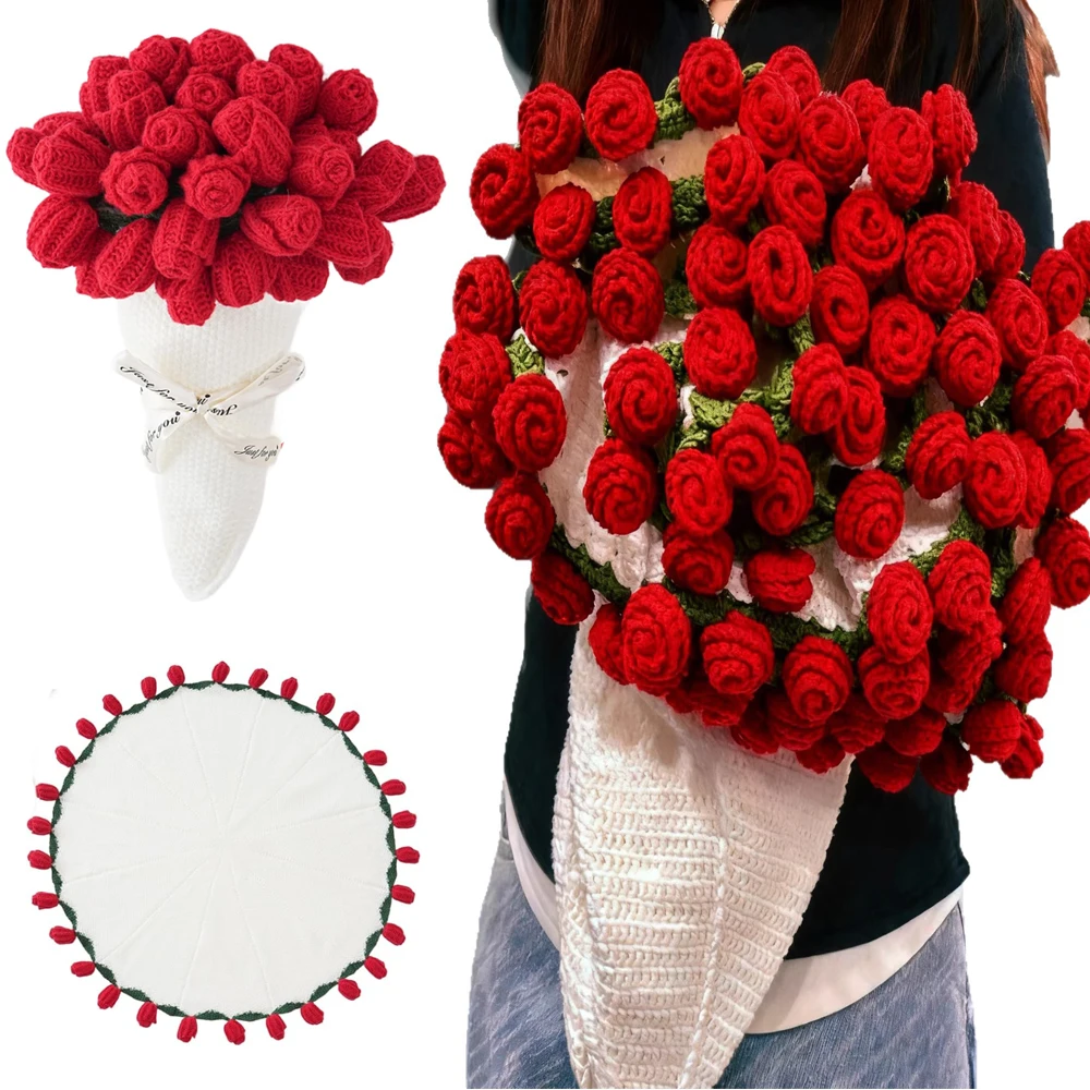 

Finished Flower Blanket Bouquet Hand Knitted Rose Throw Bed Couch Blankets For Birthday Wedding Valentine’s Day Gift Home Decor