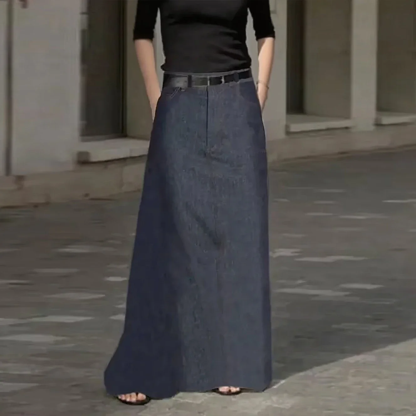 

Женские весенние модные джинсовые юбки, новинка 2023 года, имитация H-Line с высокой талией и карманами, свободная женская синяя повседневная макси-юбка без пояса