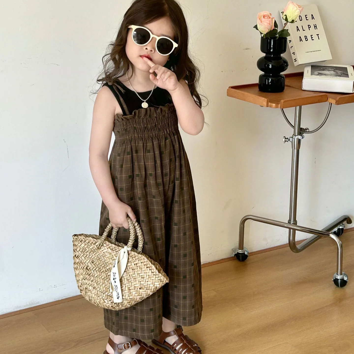 Baby Girl Clothes Suit 2024 Summer New Children Wear Girls Pull Beef Tendon Wide Leg Pants Suspenders Vest 2-piece Set