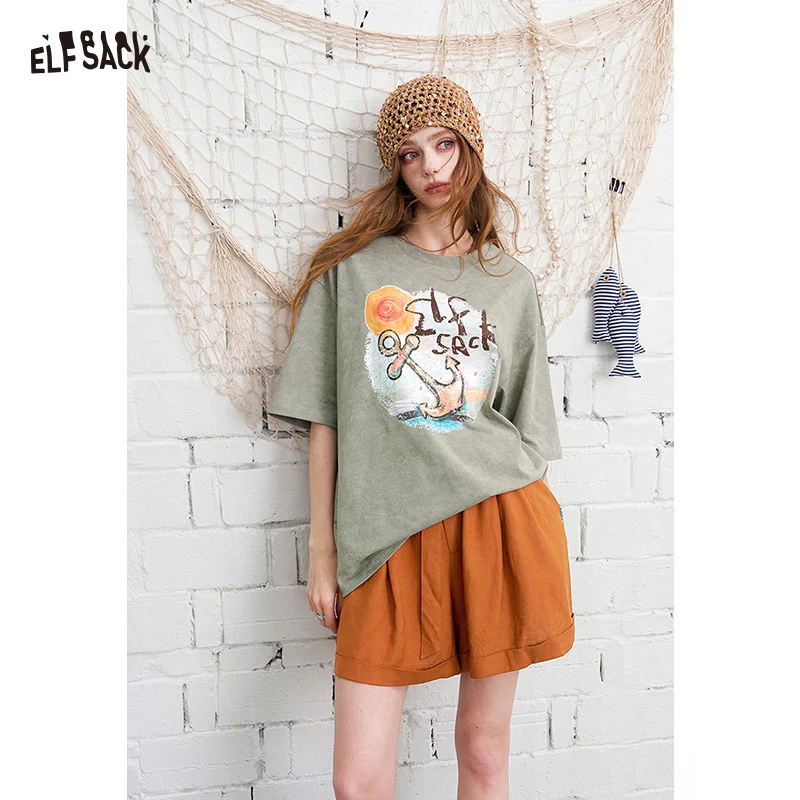 

ELFSACK Anchor Print Oversized T-Shirt, Washed Effect Casual Tee
