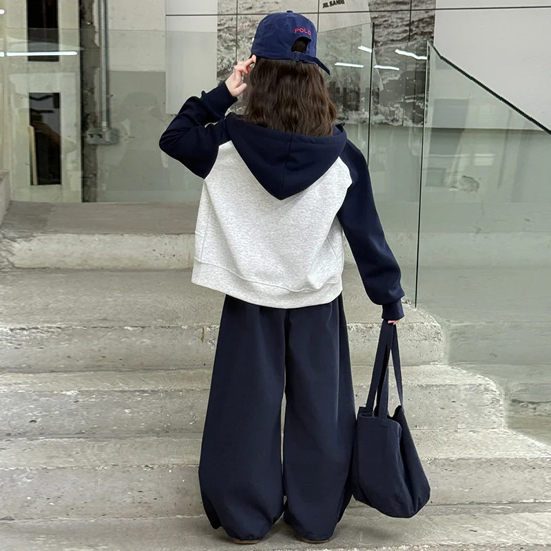 2026 Girls Cotton Contrast Zipper Sweatshirt Jacket+Sweatpant Workout Set School Kids 2PCS Tracksuit Children Jogging Outfit