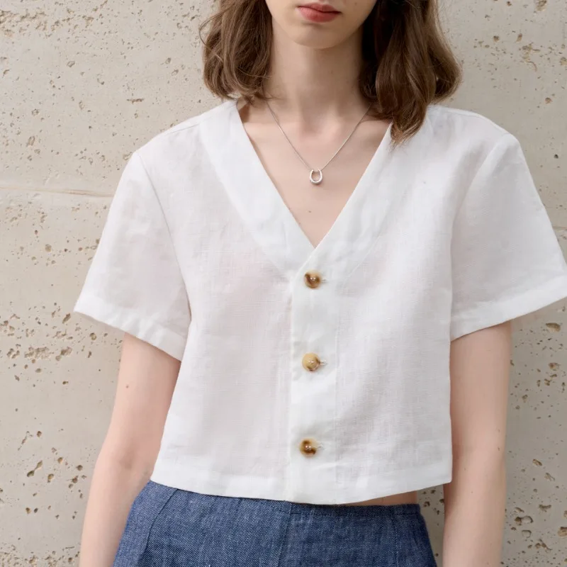 

100% льняная белая рубашка с короткими рукавами, женская летняя рубашка 2026 в стиле ретро, новая повседневная свободная рубашка с v-образным вырезом, женские короткие топы camisas de mujer