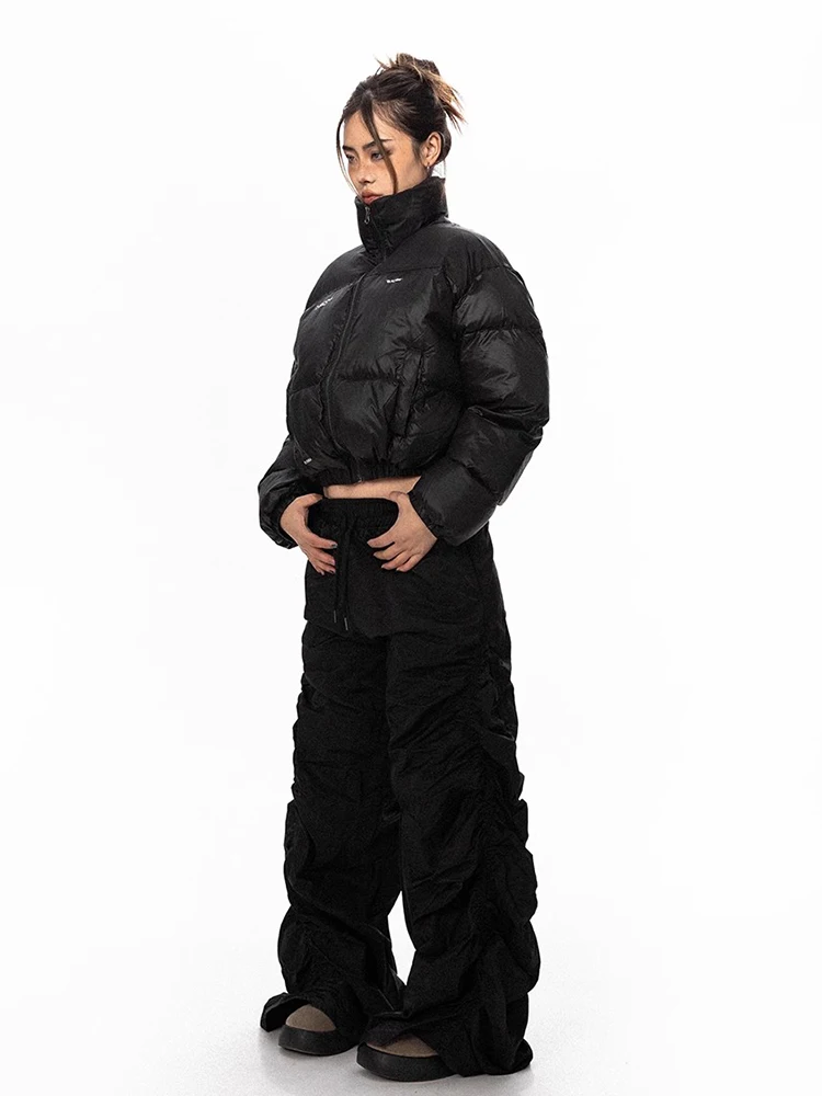 RORORIRI レトロ黒巾着カジュアルワイドパンツ女性弾性ウエスト固体シャーリング速乾性スウェットパンツハイストリート服