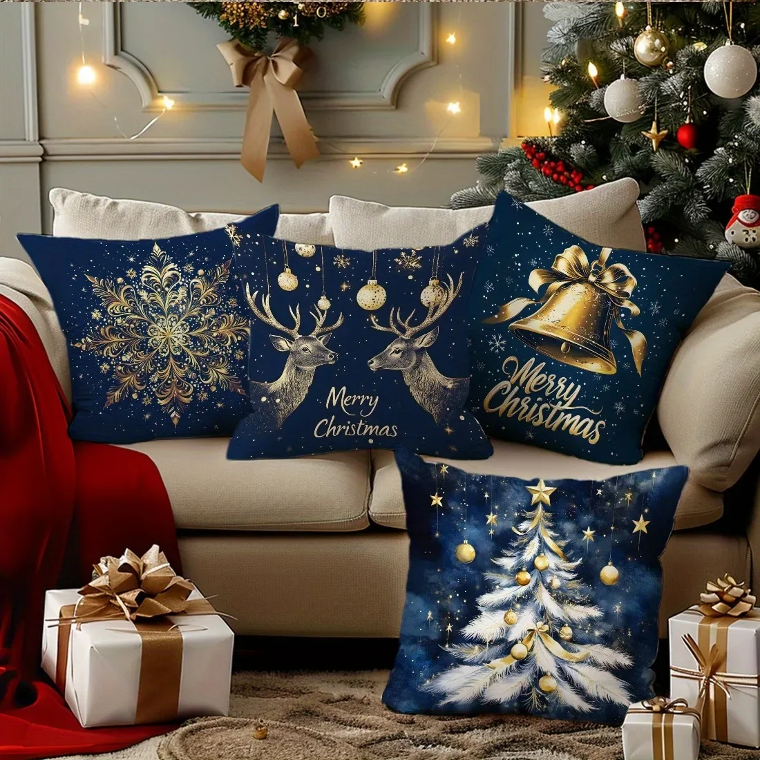 Fundas de almohada con tematici navideña: diseños de copos de nieve، cervos، campanas y arbboles de Navidad، Funda de cojín #1