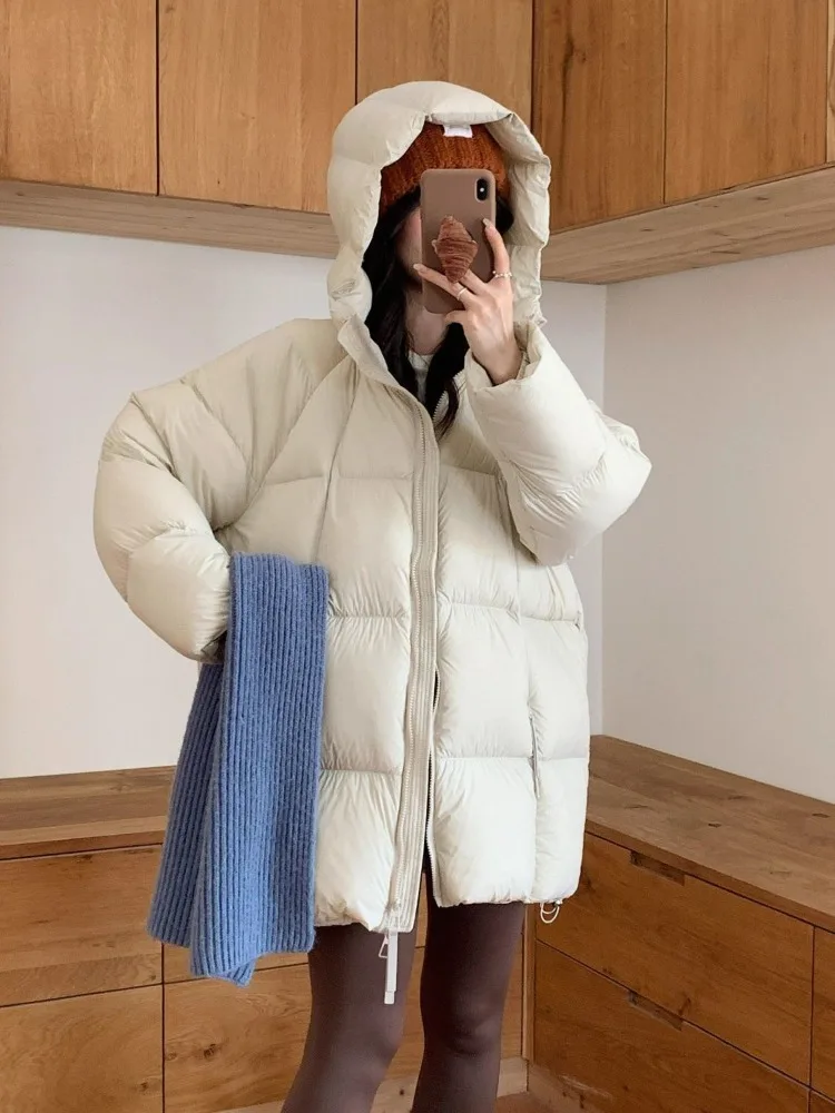 Neuer Winter-Daunenparka für Damen Weiße Entendaunen Kapuzenjacke Warme Winddichte Oberbekleidung Gesteppter Langarm-Mantel